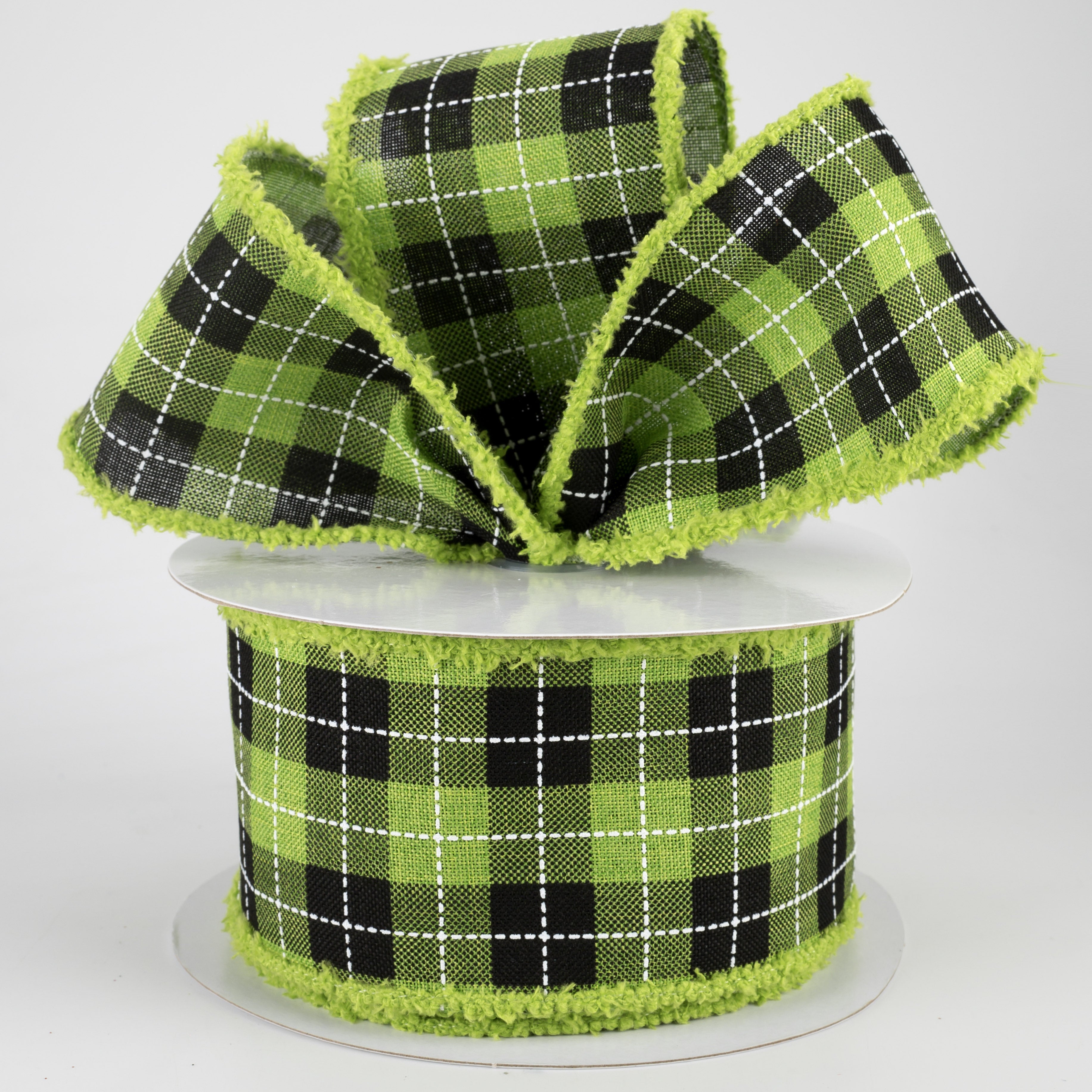 2.5" Printed Woven Check Fuzzy Edge Ribbon: Fresh Green, Black, White (10 Yards) Lifestyle Photo