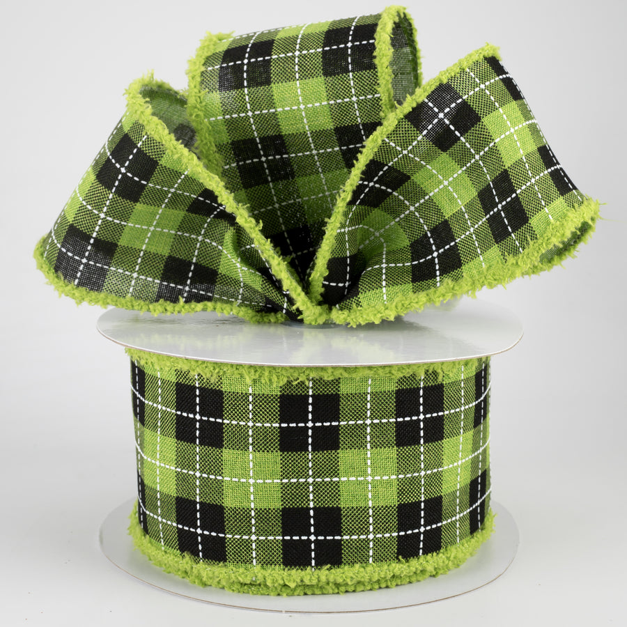 2.5" Printed Woven Check Fuzzy Edge Ribbon: Fresh Green, Black, White (10 Yards) Lifestyle Photo