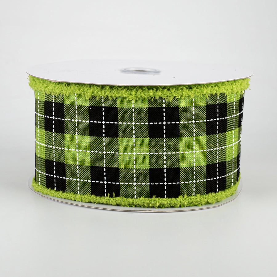 2.5" Printed Woven Check Fuzzy Edge Ribbon: Fresh Green, Black, White (10 Yards)