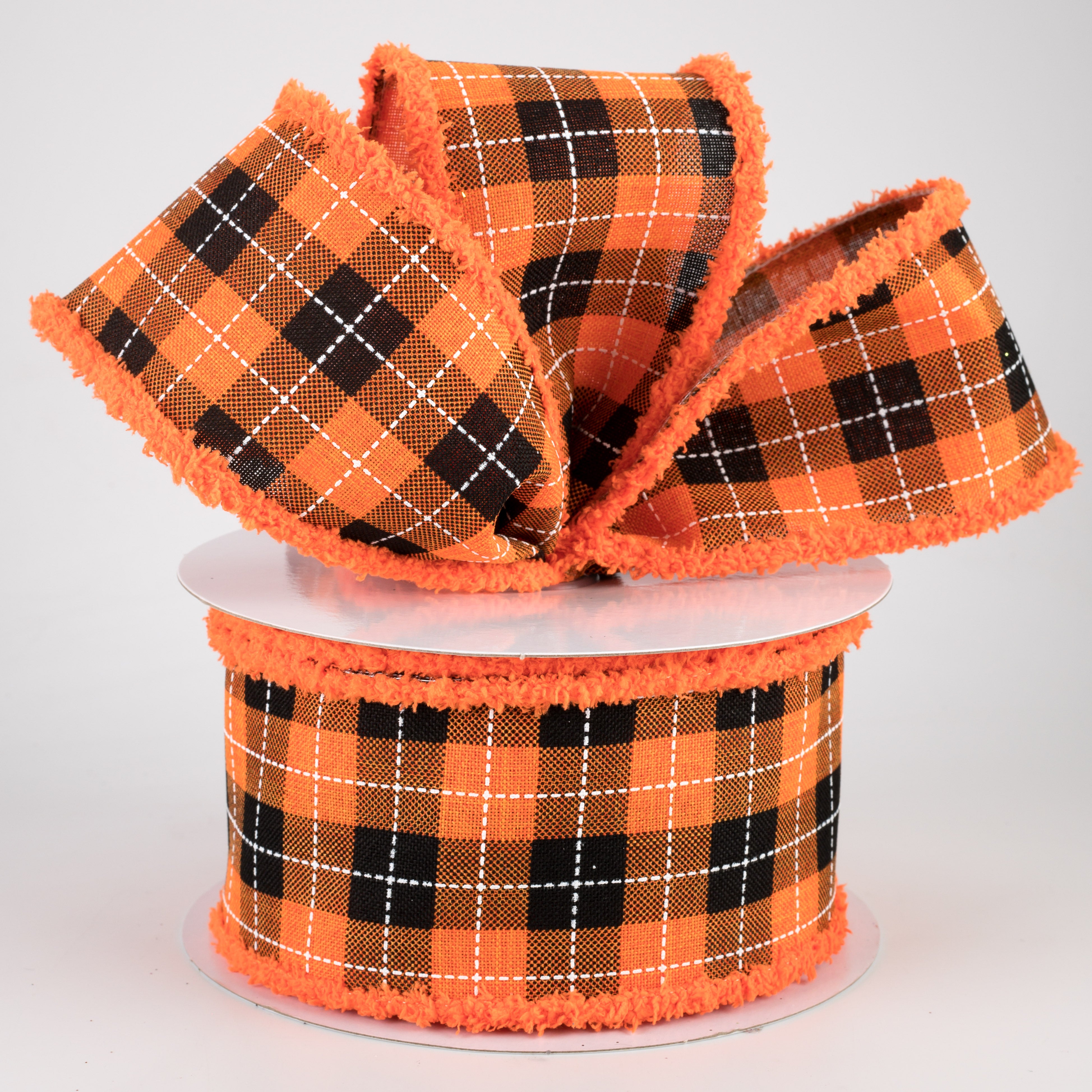 2.5" Printed Woven Check Fuzzy Edge Ribbon: Orange, Black, White (10 Yards) Lifestyle Photo