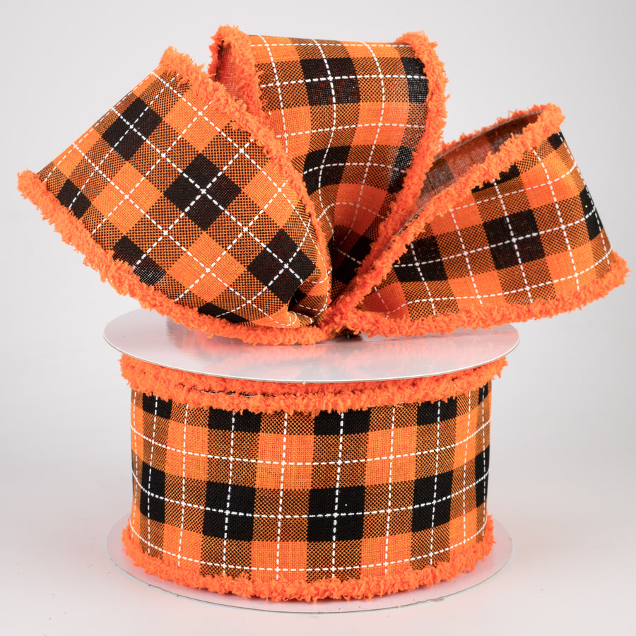 2.5" Printed Woven Check Fuzzy Edge Ribbon: Orange, Black, White (10 Yards) Lifestyle Photo