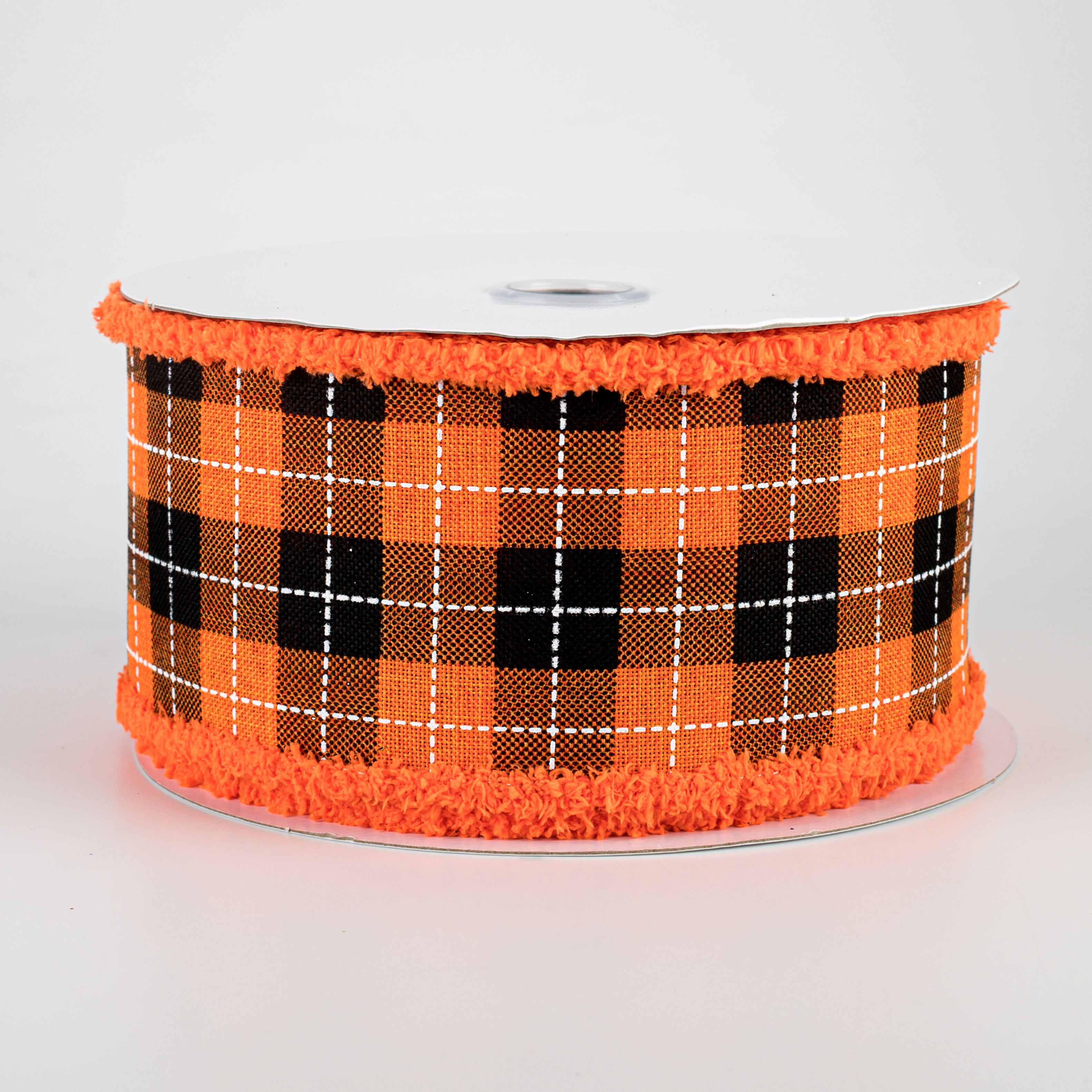 2.5" Printed Woven Check Fuzzy Edge Ribbon: Orange, Black, White (10 Yards)