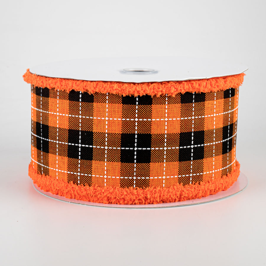2.5" Printed Woven Check Fuzzy Edge Ribbon: Orange, Black, White (10 Yards)
