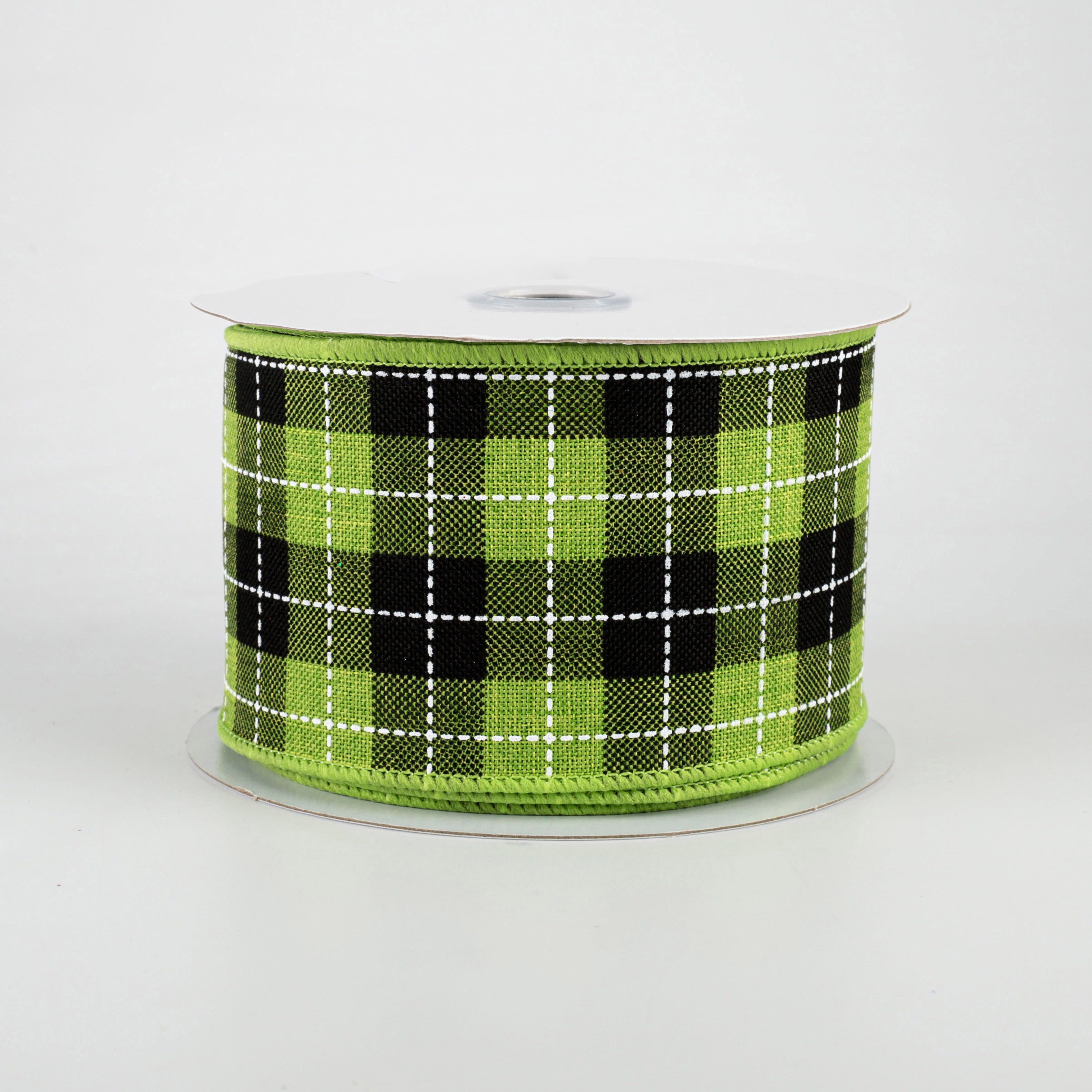 2.5" Printed Woven Check Ribbon: Fresh Green, Black, White (10 Yards)