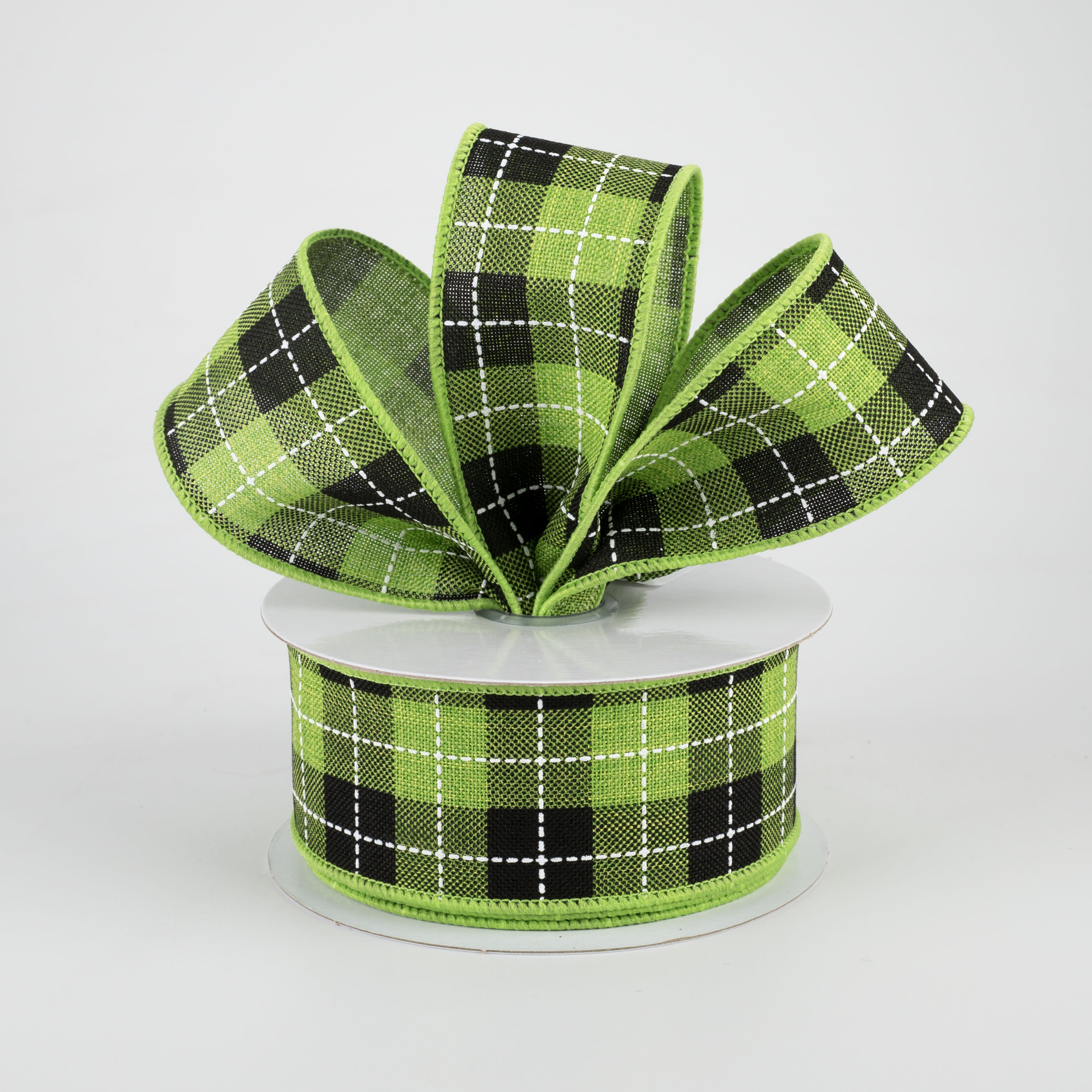 1.5" Printed Woven Check Ribbon: Fresh Green, Black, White (10 Yards) Lifestyle Photo