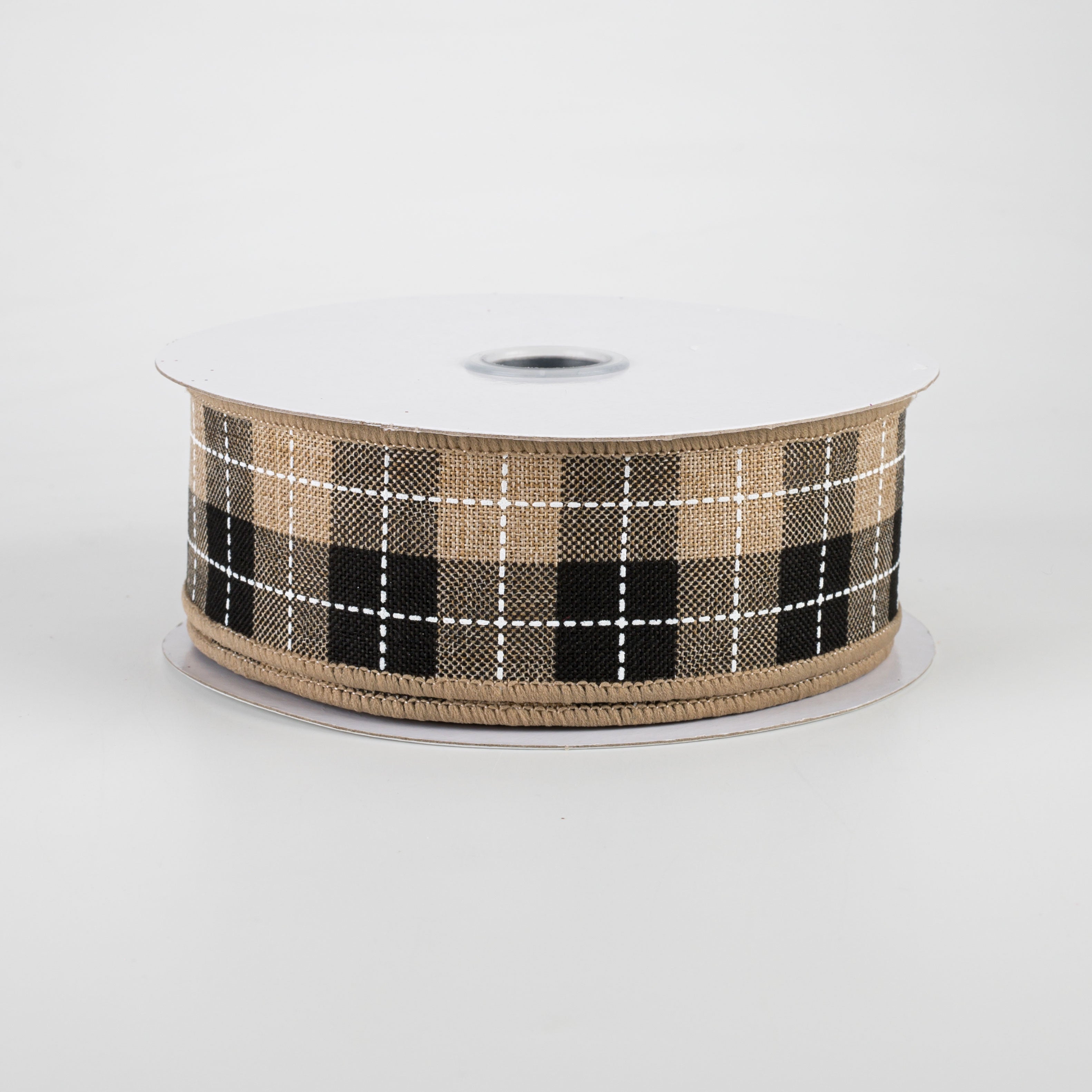 1.5" Printed Woven Check Ribbon: Light Beige, Black, White (10 Yards)