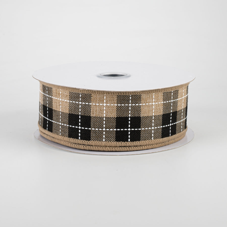1.5" Printed Woven Check Ribbon: Light Beige, Black, White (10 Yards)