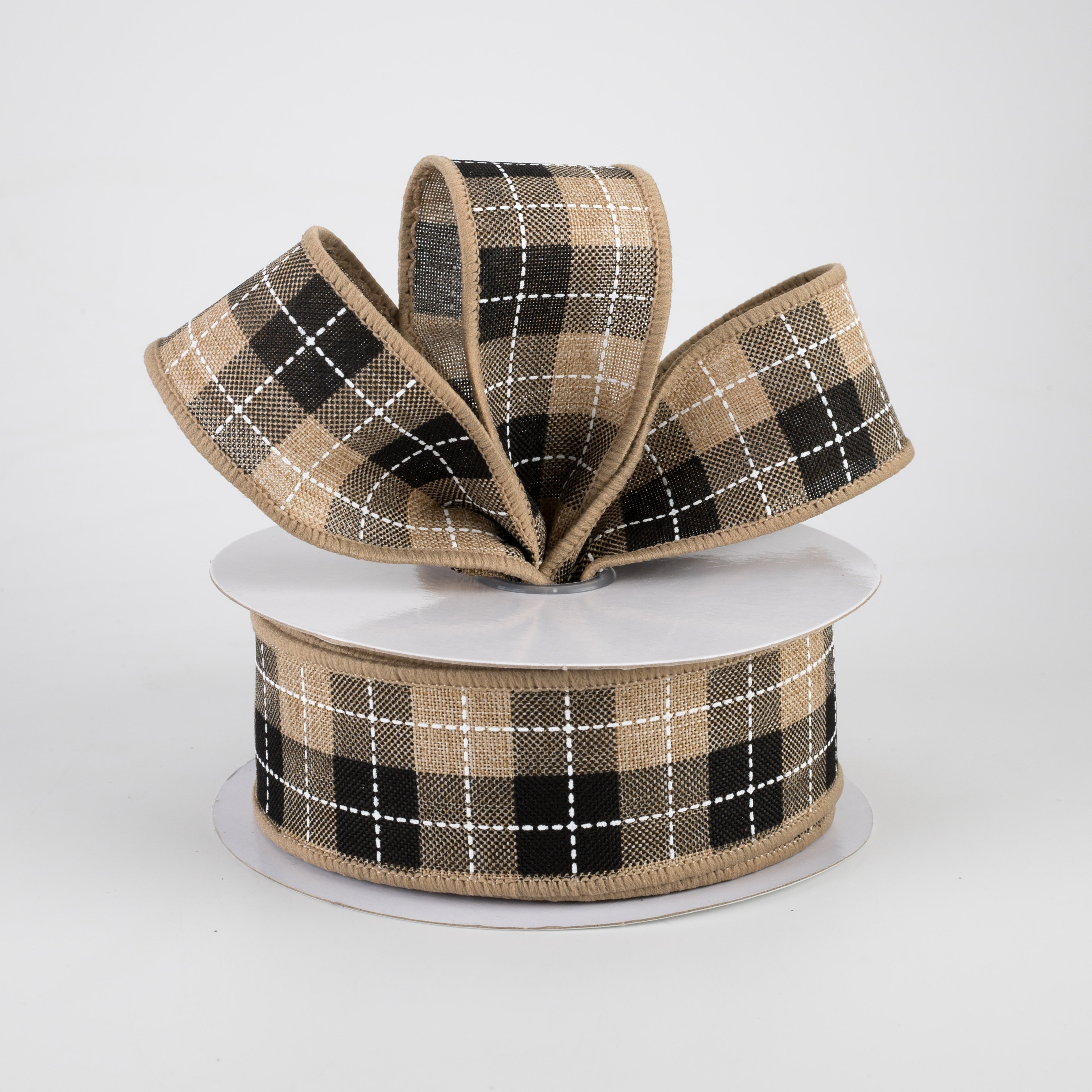 1.5" Printed Woven Check Ribbon: Light Beige, Black, White (10 Yards) Lifestyle Photo