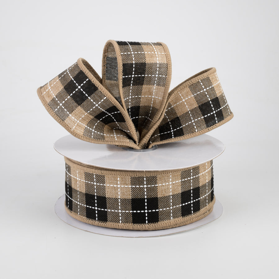 1.5" Printed Woven Check Ribbon: Light Beige, Black, White (10 Yards) Lifestyle Photo