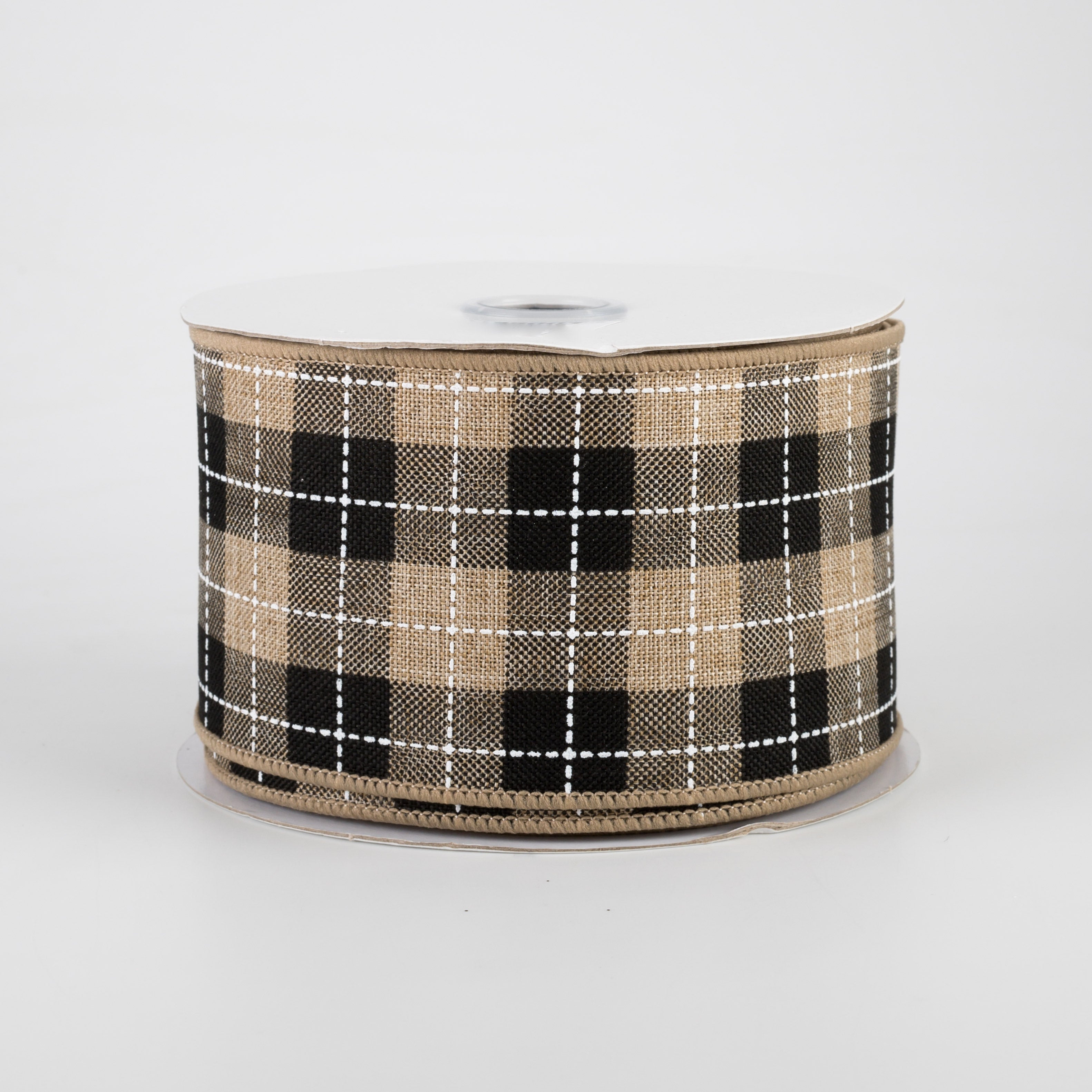 2.5" Printed Woven Check Ribbon: Light Beige, Black, White (10 Yards)