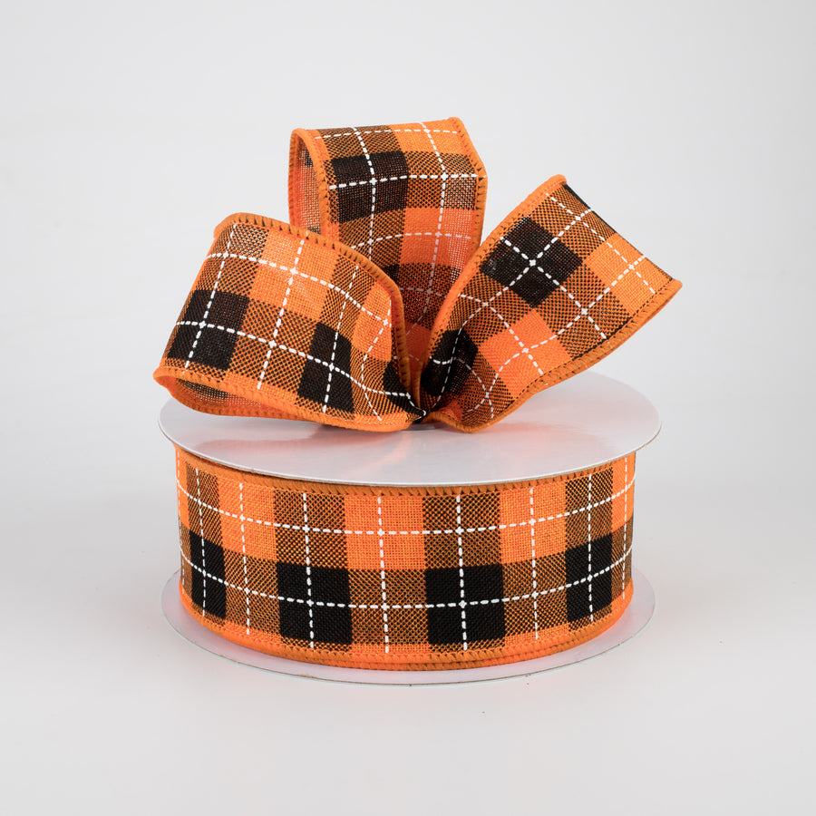 1.5" Printed Woven Check Ribbon: Orange, Black, White (10 Yards) Lifestyle Photo