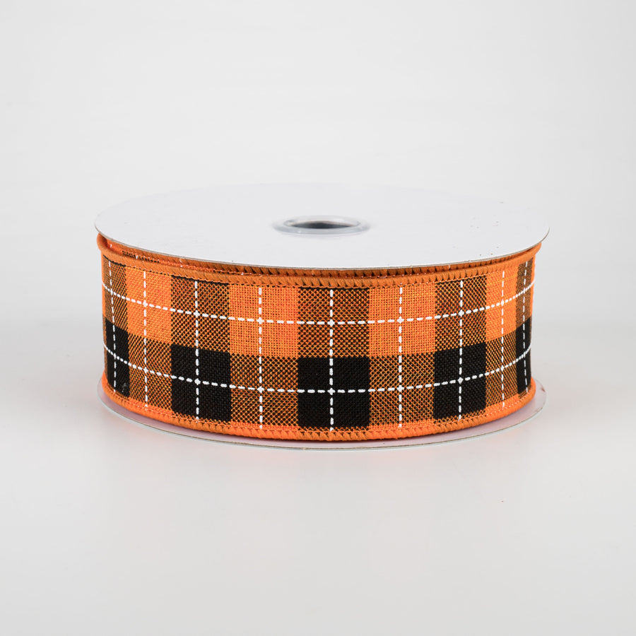 1.5" Printed Woven Check Ribbon: Orange, Black, White (10 Yards)