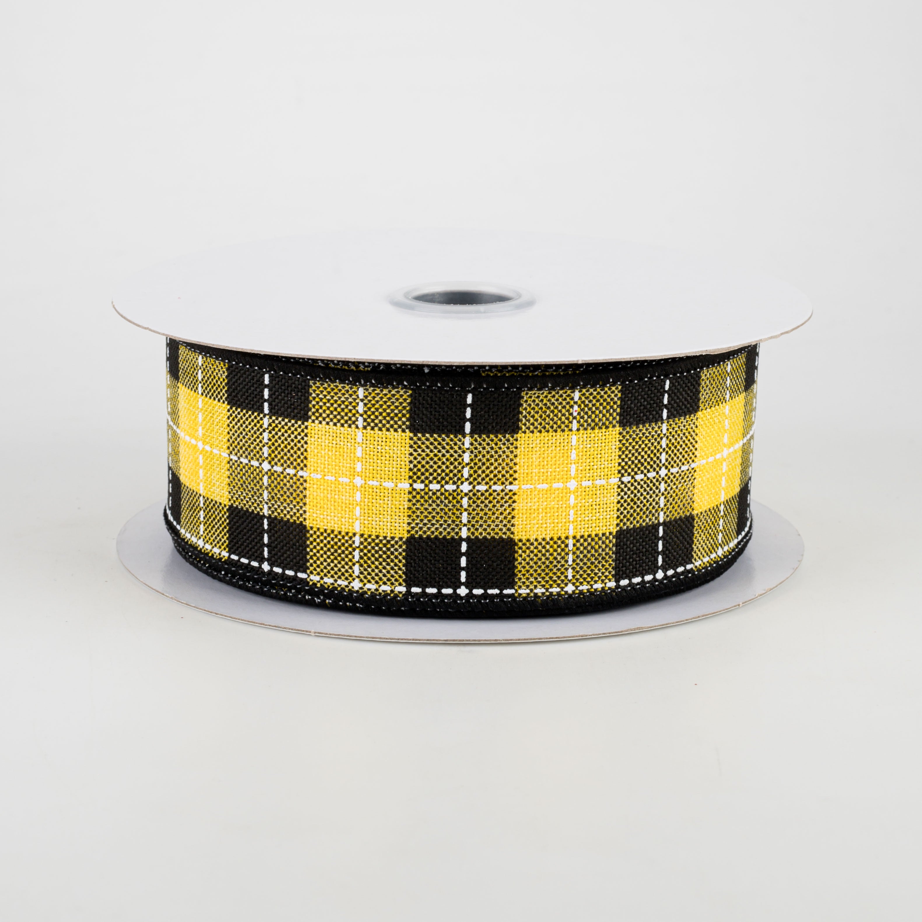 1.5" Printed Woven Check Ribbon: Sun Yellow, Black, White (10 Yards)