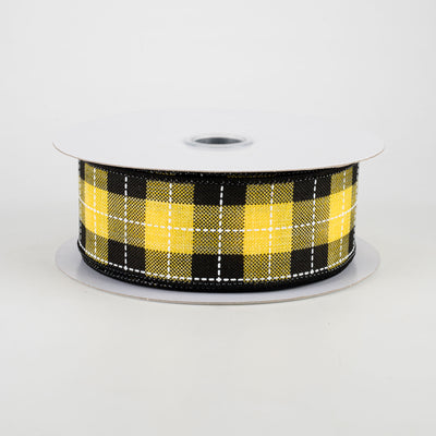 1.5" Printed Woven Check Ribbon: Sun Yellow, Black, White (10 Yards)