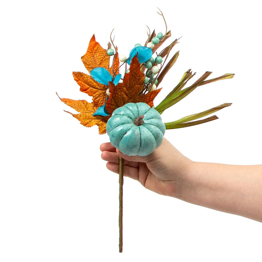 15" Pumpkin Berry Leaf Grass Pick: Teal, Cream & Rust detail photo 3
