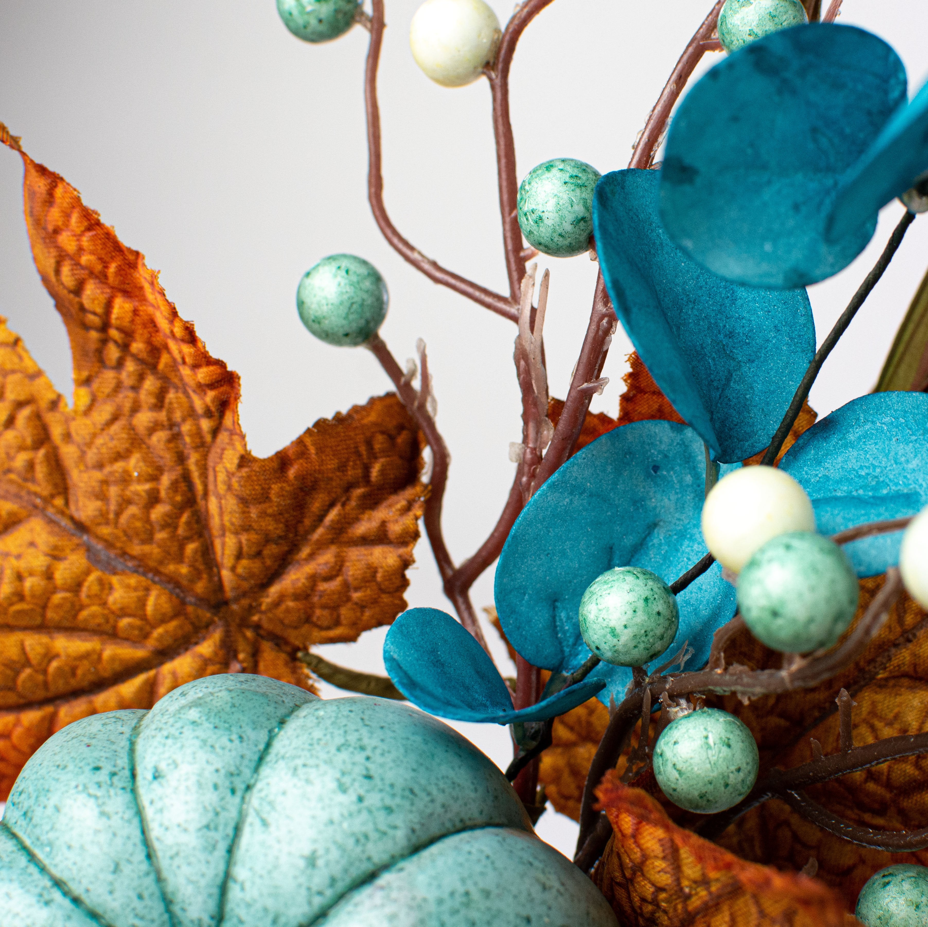15" Pumpkin Berry Leaf Grass Pick: Teal, Cream & Rust detail photo 4