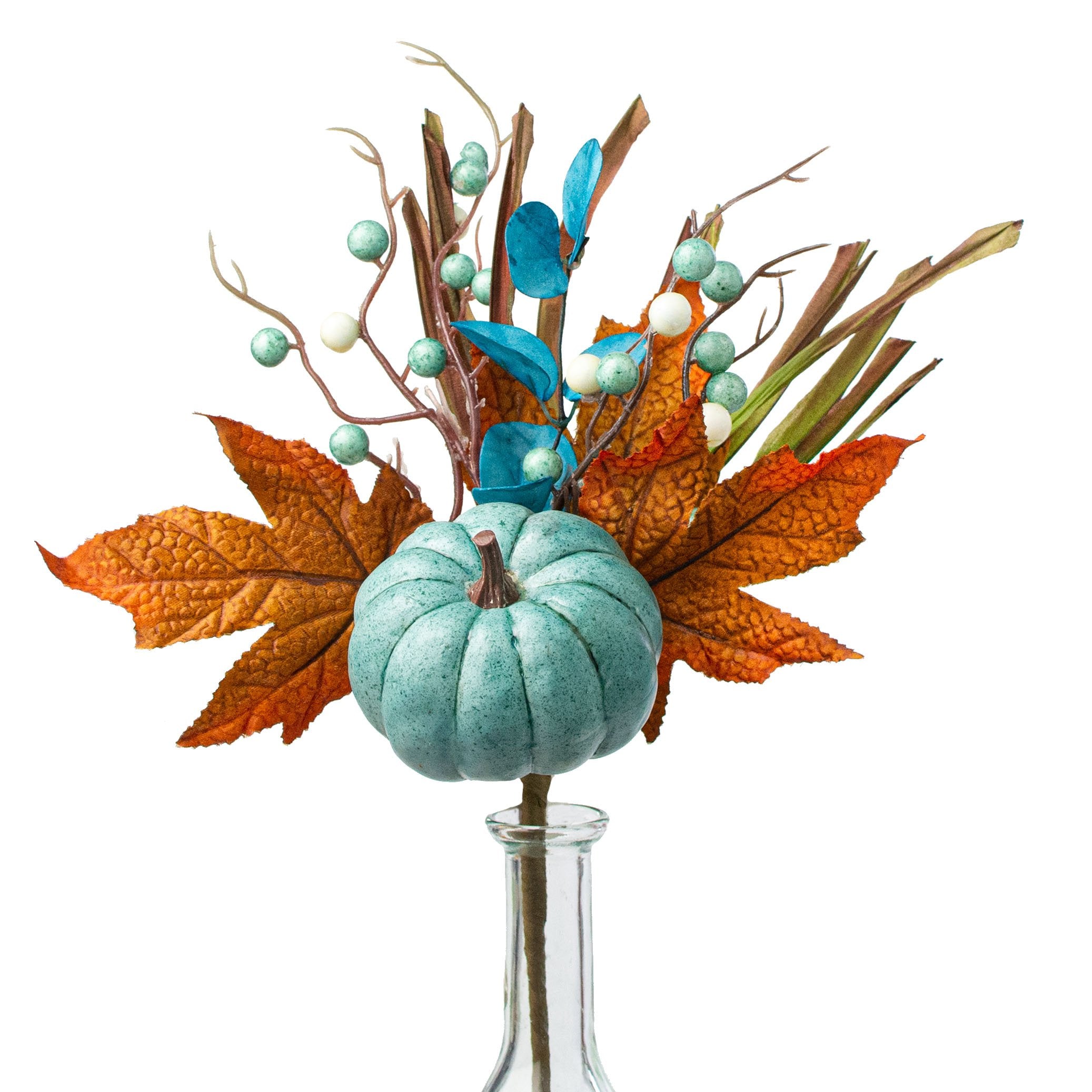 15" Pumpkin Berry Leaf Grass Pick: Teal, Cream & Rust Item Number: HA156537