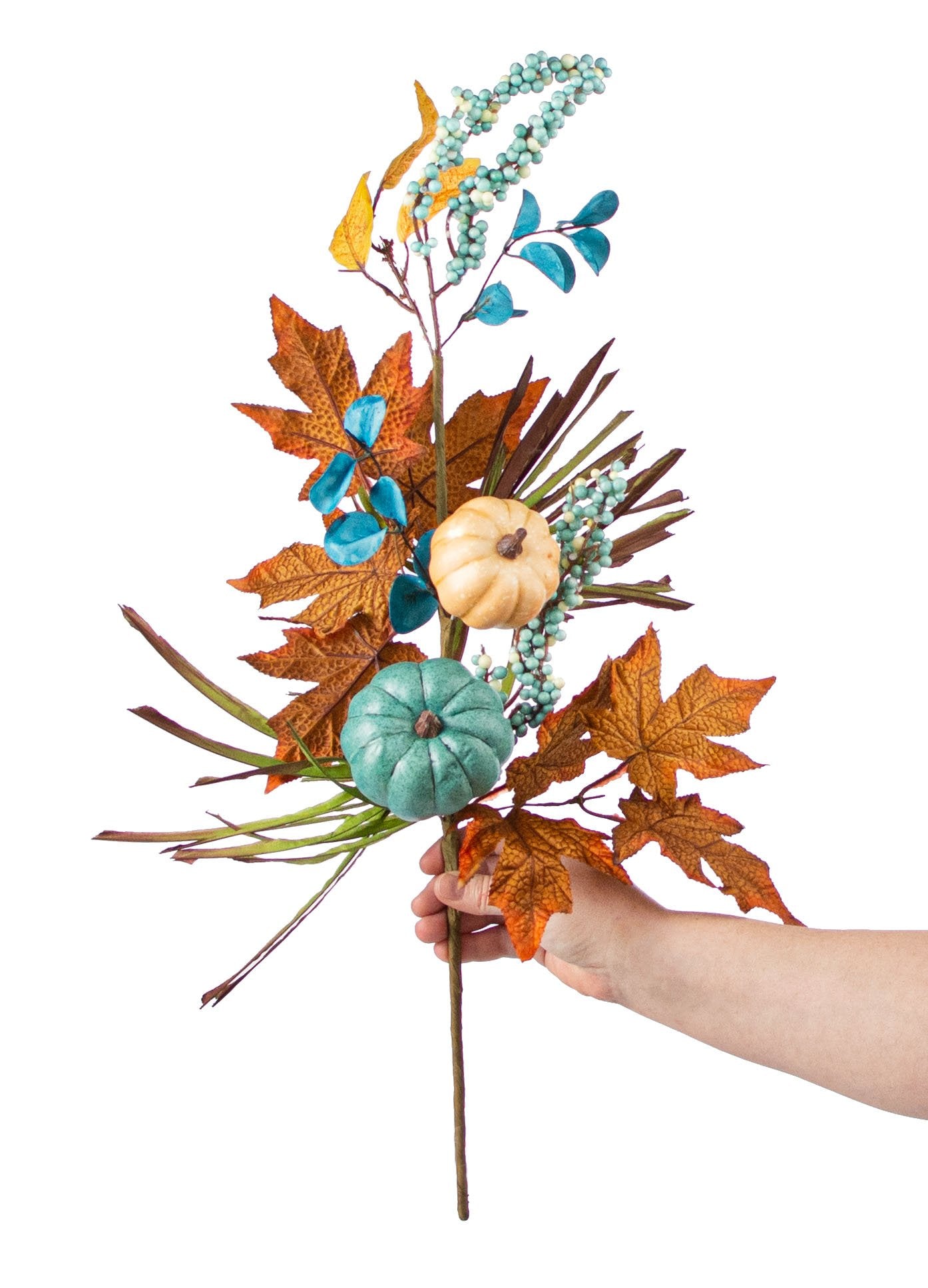26" Pumpkin Gourd Berry Leaf Spray: Teal, Cream & Moss detail photo 3