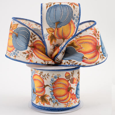 2.5" Pumpkin, Gourd, Leaves Ribbon: Cream, Orange, Blue, Brown (10 Yards) Lifestyle Photo