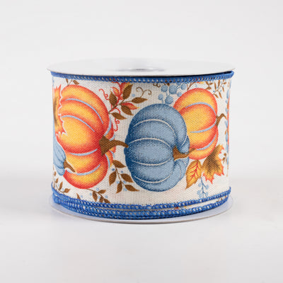2.5" Pumpkin, Gourd, Leaves Ribbon: Cream, Orange, Blue, Brown (10 Yards)