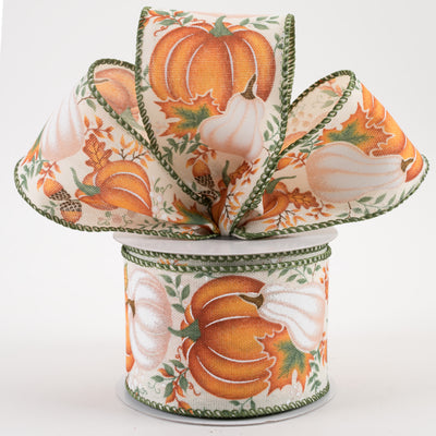 2.5" Pumpkin, Gourd, Leaves Ribbon: Cream, Orange, Sage (10 Yards) Lifestyle Photo