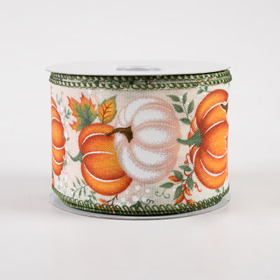2.5" Pumpkin, Gourd, Leaves Ribbon: Cream, Orange, Sage (10 Yards)