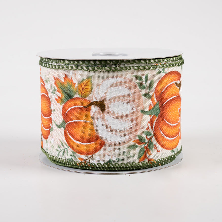2.5" Pumpkin, Gourd, Leaves Ribbon: Cream, Orange, Sage (10 Yards)