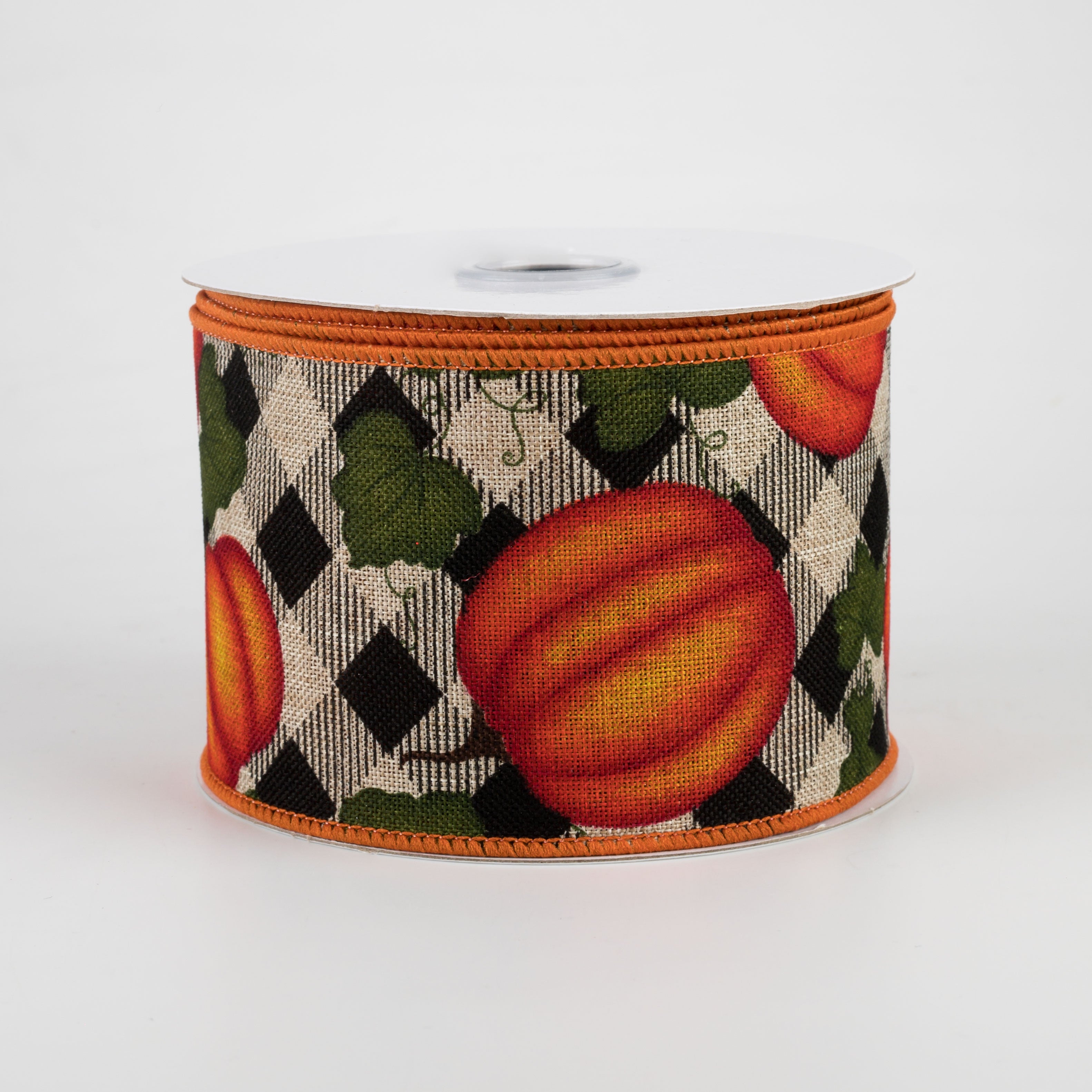 2.5" Pumpkin With Leaves Check Ribbon: Natural (10 Yards)