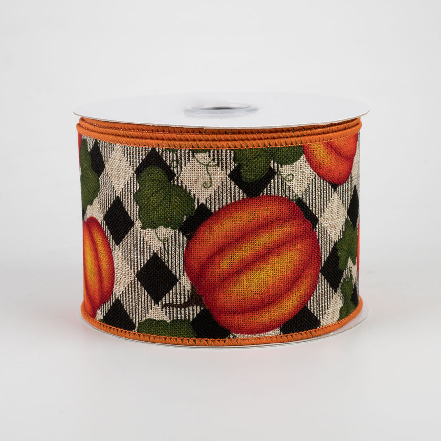 2.5" Pumpkin With Leaves Check Ribbon: Natural (10 Yards)