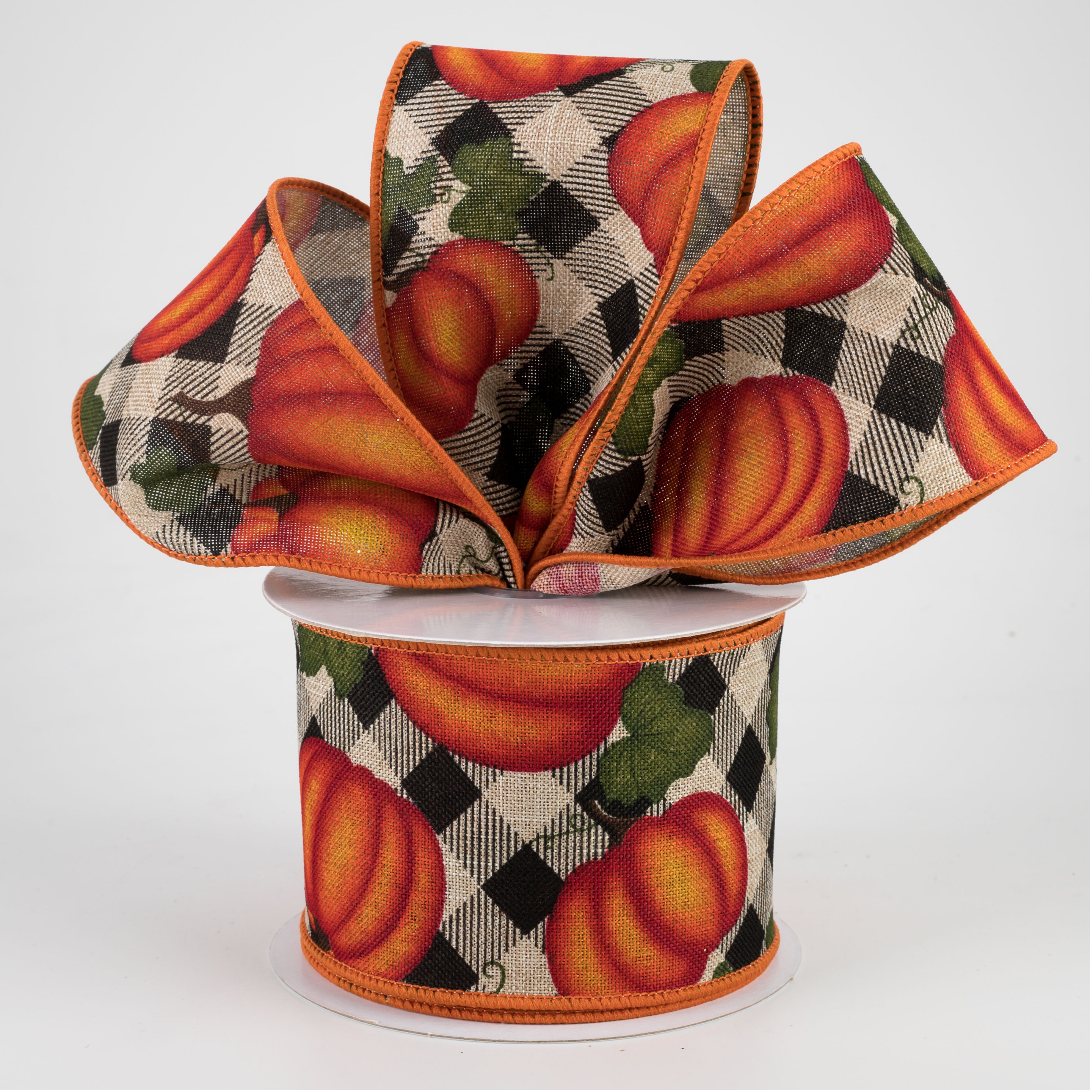 2.5" Pumpkin With Leaves Check Ribbon: Natural (10 Yards) Lifestyle Photo