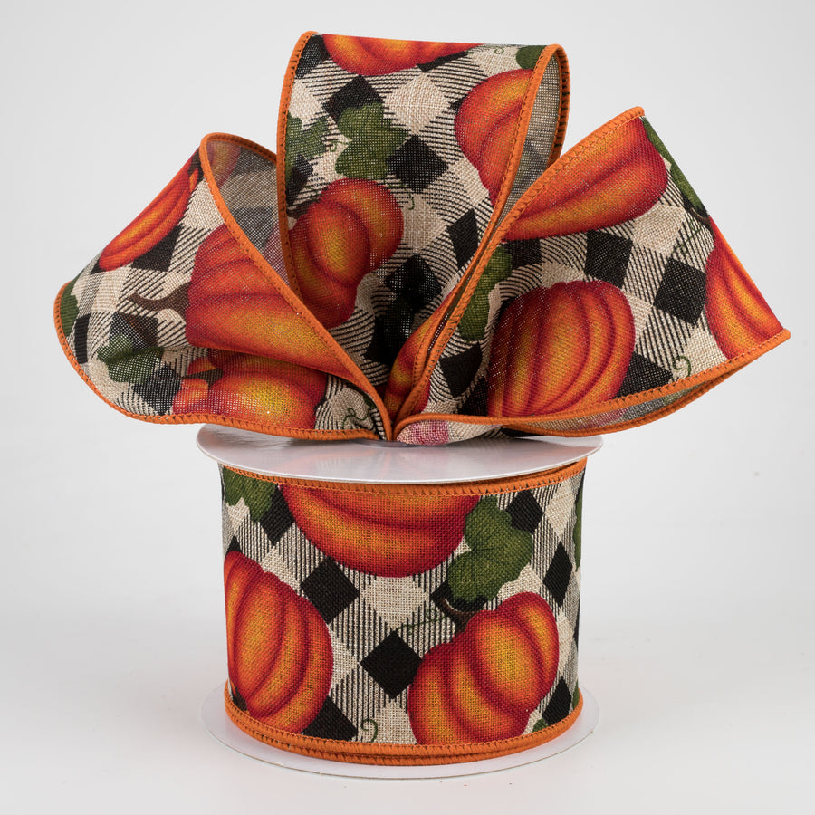 2.5" Pumpkin With Leaves Check Ribbon: Natural (10 Yards) Lifestyle Photo