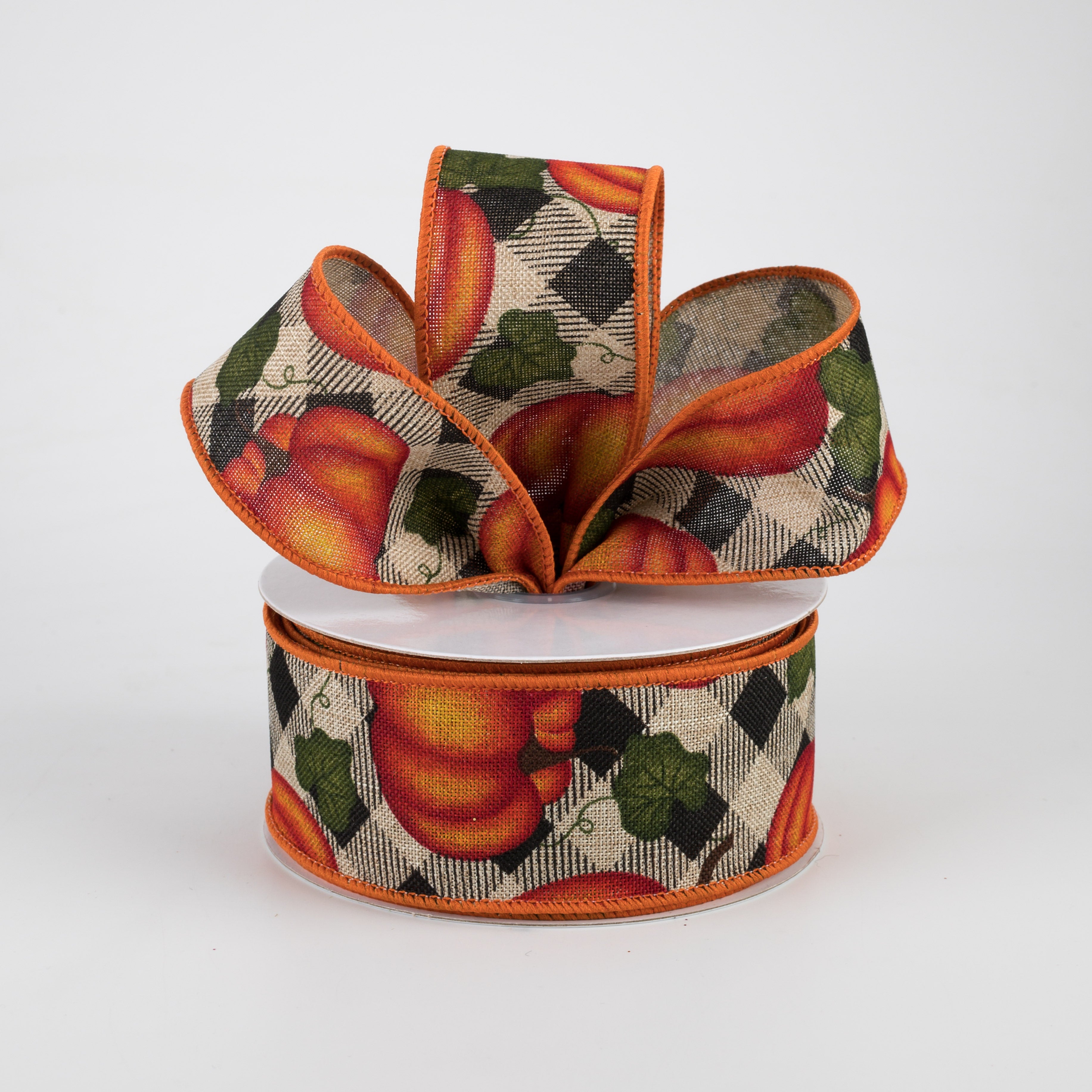 1.5" Pumpkin With Leaves Check Ribbon: Natural (10 Yards) Lifestyle Photo