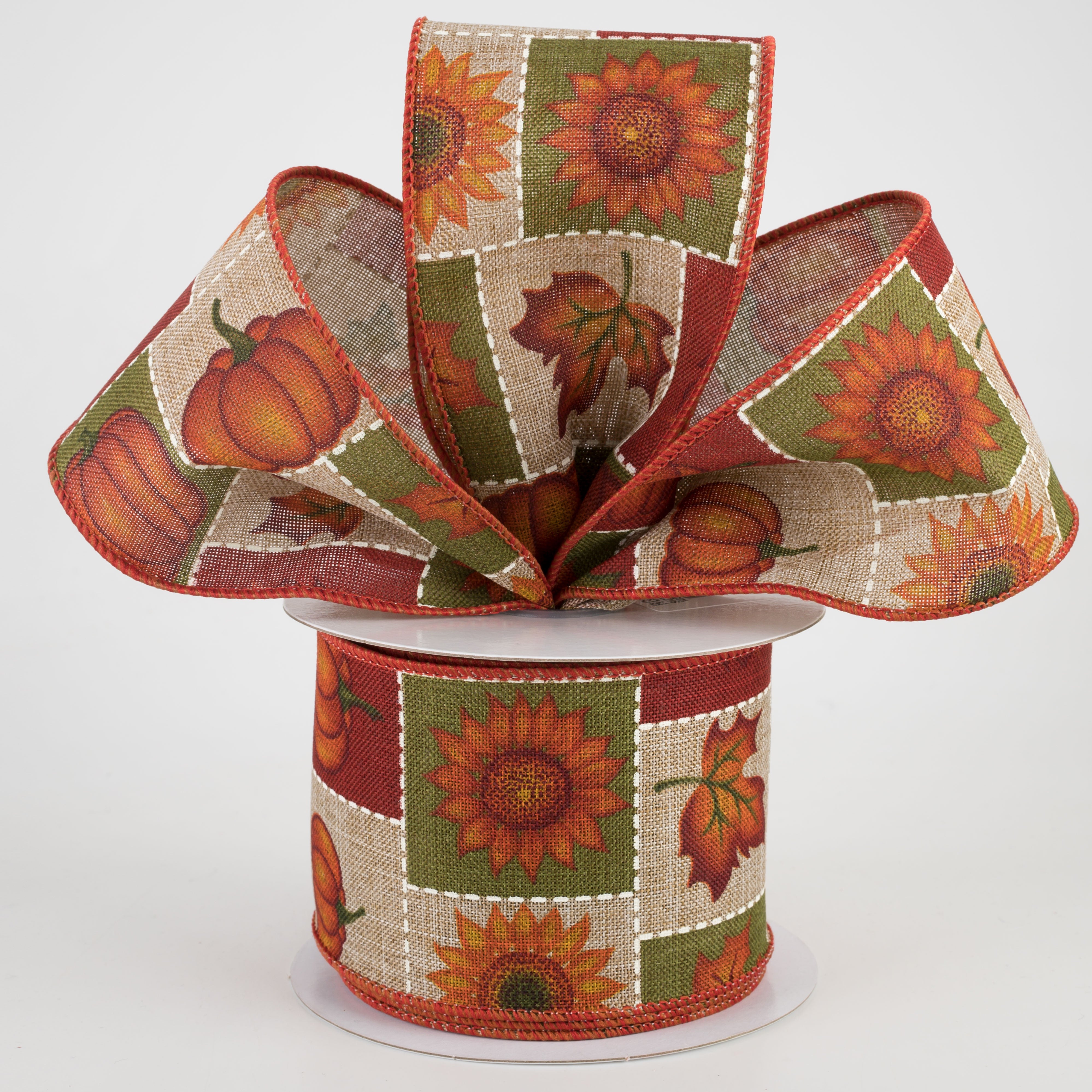 2.5" Pumpkin, Sunflower, Maple Leaf Patchwork Ribbon: Beige (10 Yards) Lifestyle Photo