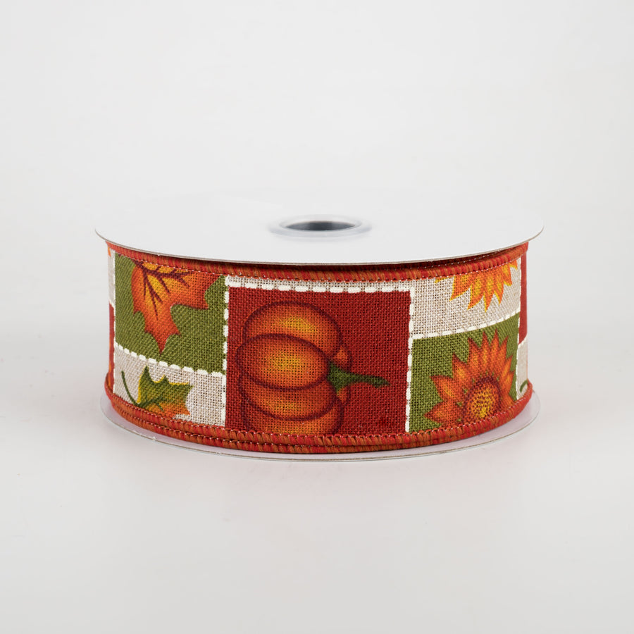 1.5" Pumpkin, Sunflower, Maple Leaf Patchwork Ribbon: Natural (10 Yards)