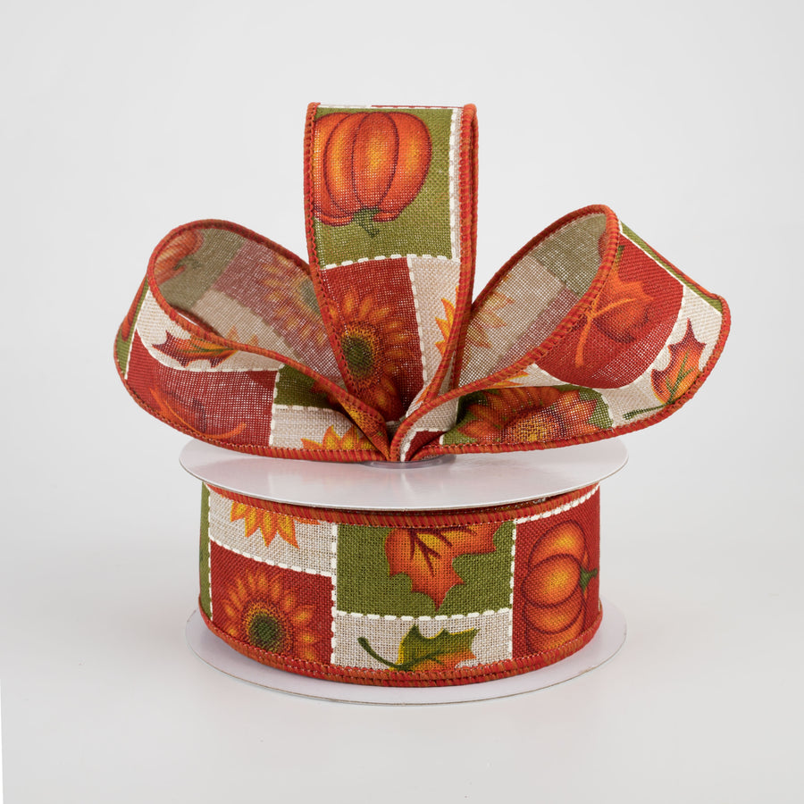 1.5" Pumpkin, Sunflower, Maple Leaf Patchwork Ribbon: Natural (10 Yards) Lifestyle Photo
