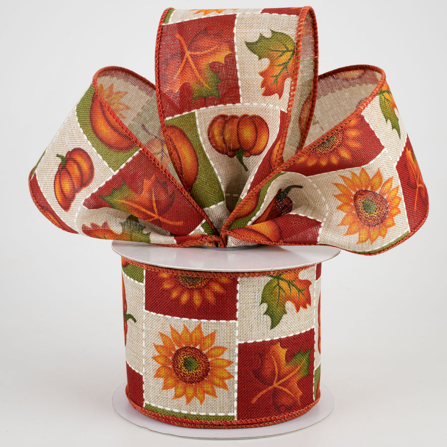 2.5" Pumpkin, Sunflower, Maple Leaf Patchwork Ribbon: Natural (10 Yards) Lifestyle Photo