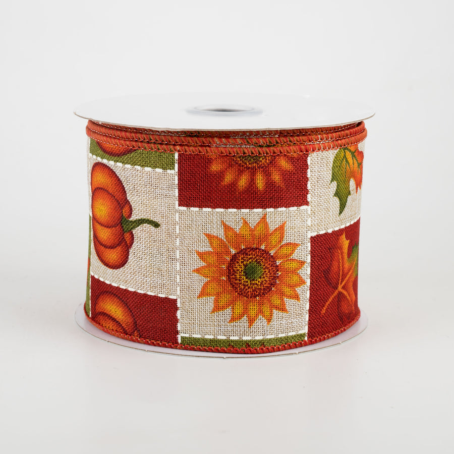 2.5" Pumpkin, Sunflower, Maple Leaf Patchwork Ribbon: Natural (10 Yards)