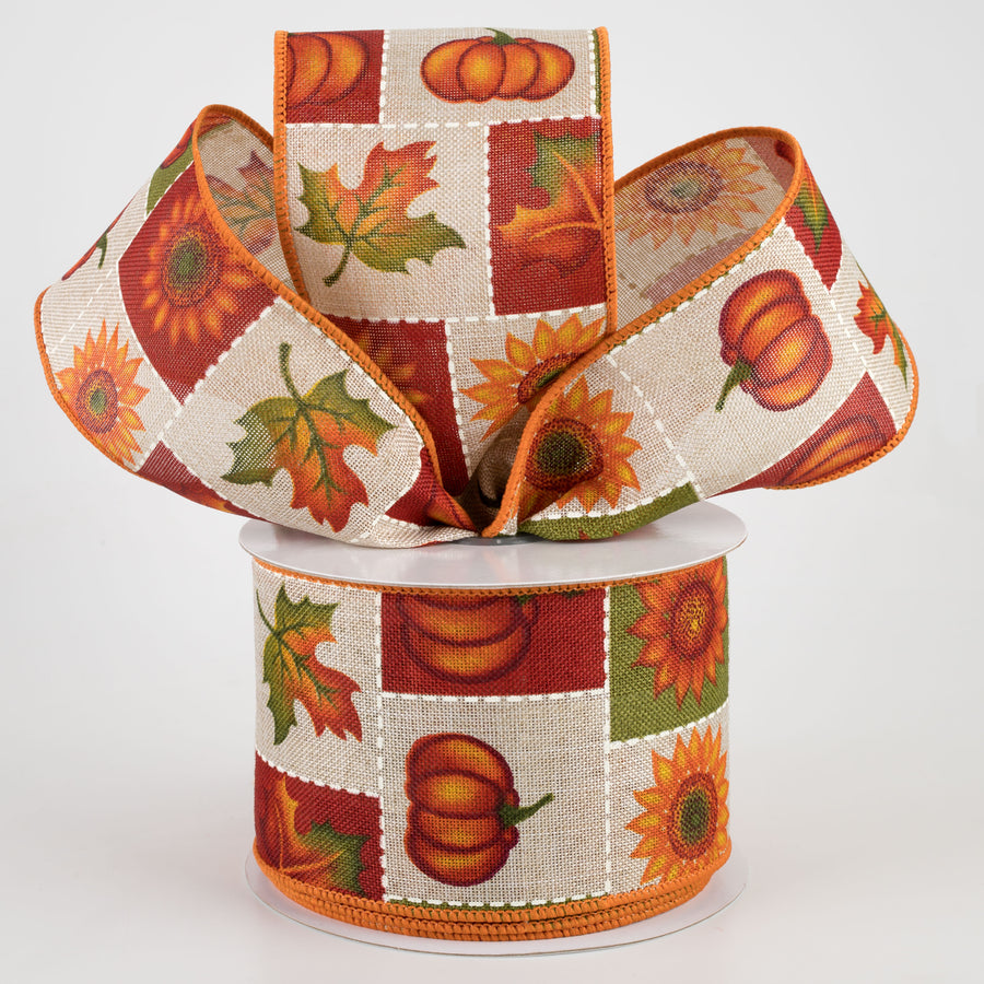2.5" Pumpkin, Sunflower, Maple Leaf Patchwork Squares Ribbon (10 Yards) Lifestyle Photo
