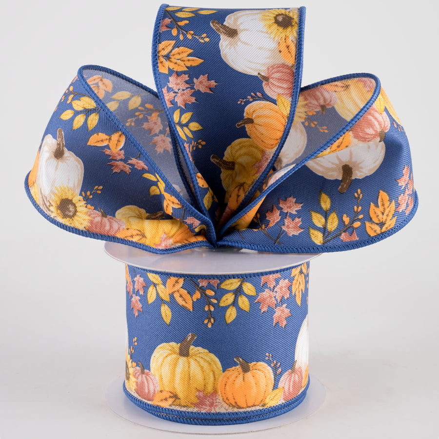 2.5" Pumpkins and Foliage Diagonal Weave Ribbon: Blue (10 Yards) Lifestyle Photo