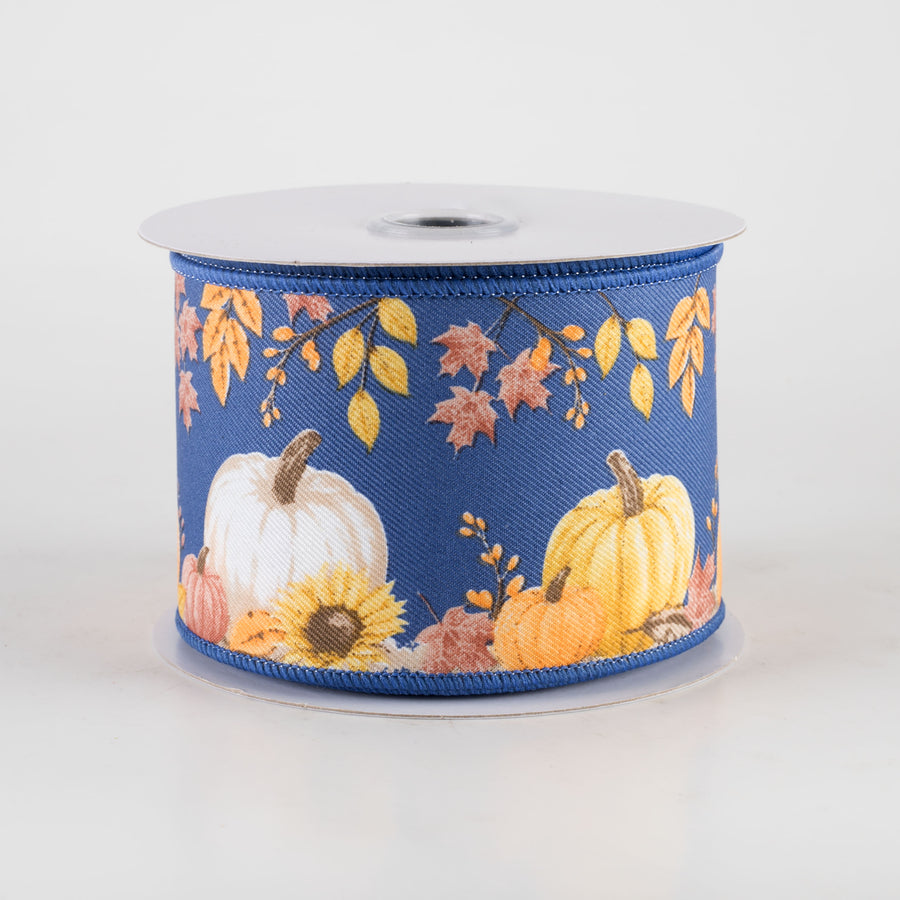 2.5" Pumpkins and Foliage Diagonal Weave Ribbon: Blue (10 Yards)