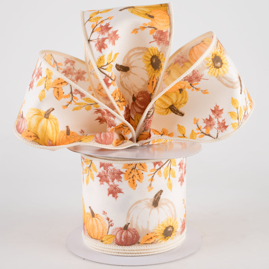 2.5" Pumpkins and Foliage Diagonal Weave Ribbon: Ivory (10 Yards) Lifestyle Photo