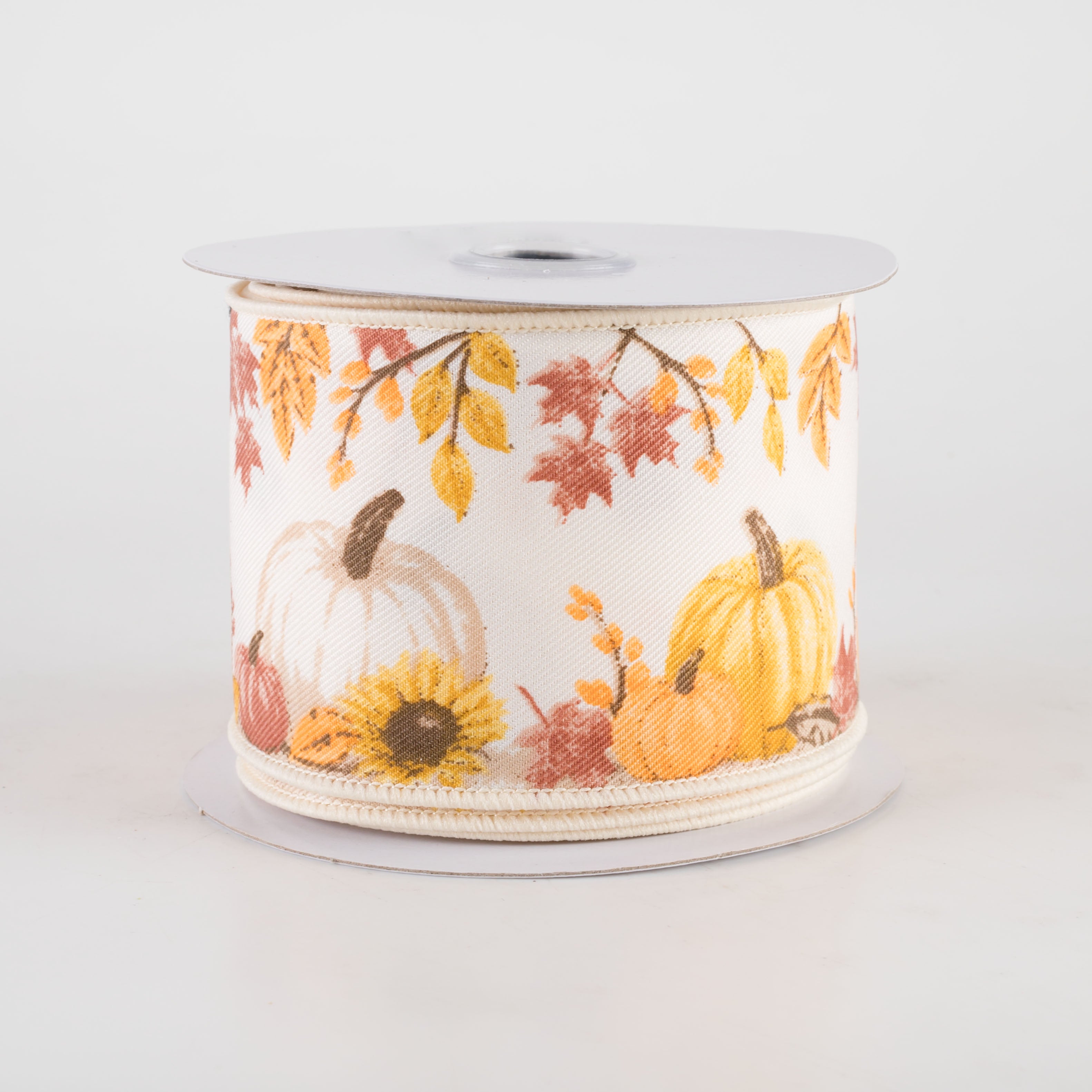 2.5" Pumpkins and Foliage Diagonal Weave Ribbon: Ivory (10 Yards)