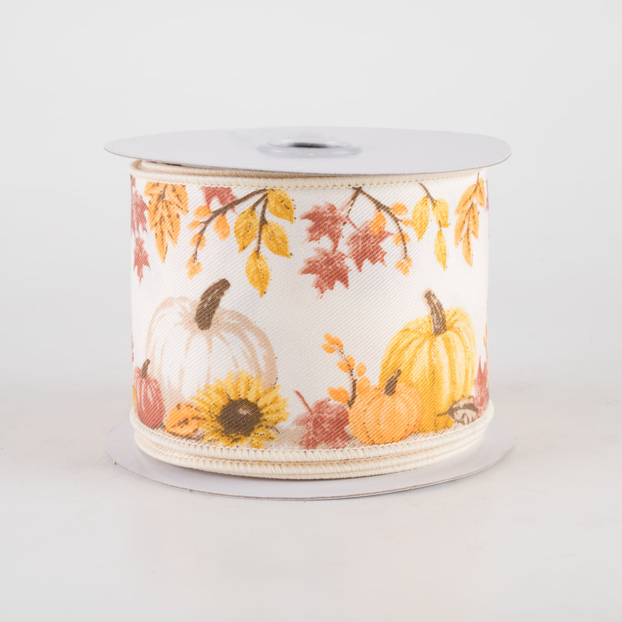2.5" Pumpkins and Foliage Diagonal Weave Ribbon: Ivory (10 Yards)