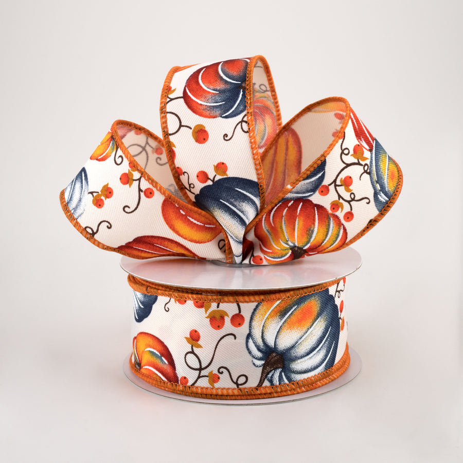1.5" Pumpkins Bittersweet Ribbon: Ivory, Orange, Smoke Blue (10 Yards) Lifestyle Photo