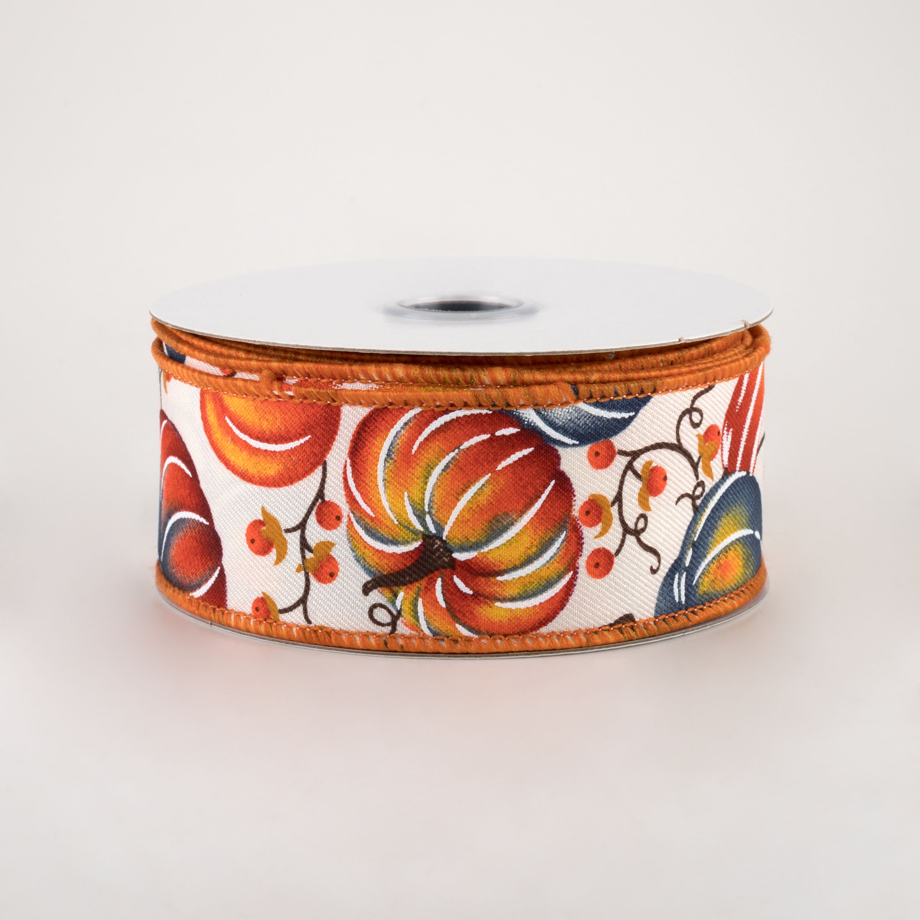 1.5" Pumpkins Bittersweet Ribbon: Ivory, Orange, Smoke Blue (10 Yards)
