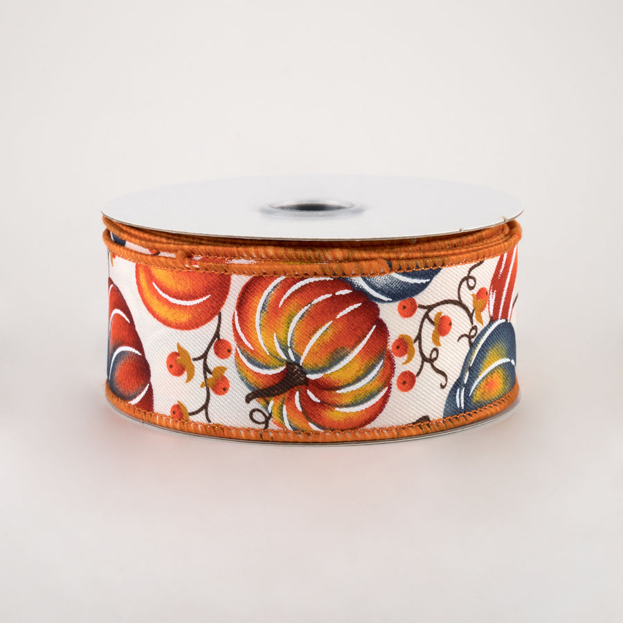 1.5" Pumpkins Bittersweet Ribbon: Ivory, Orange, Smoke Blue (10 Yards)