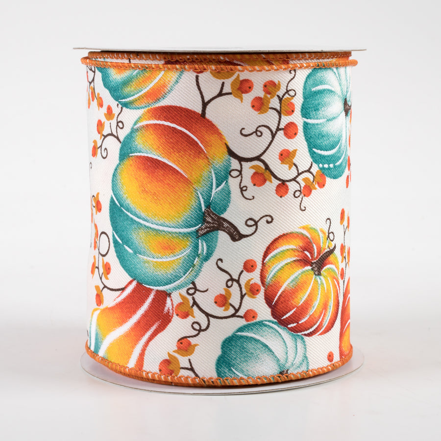 4" Pumpkins Bittersweet Ribbon: Ivory, Orange, Teal (10 Yards)