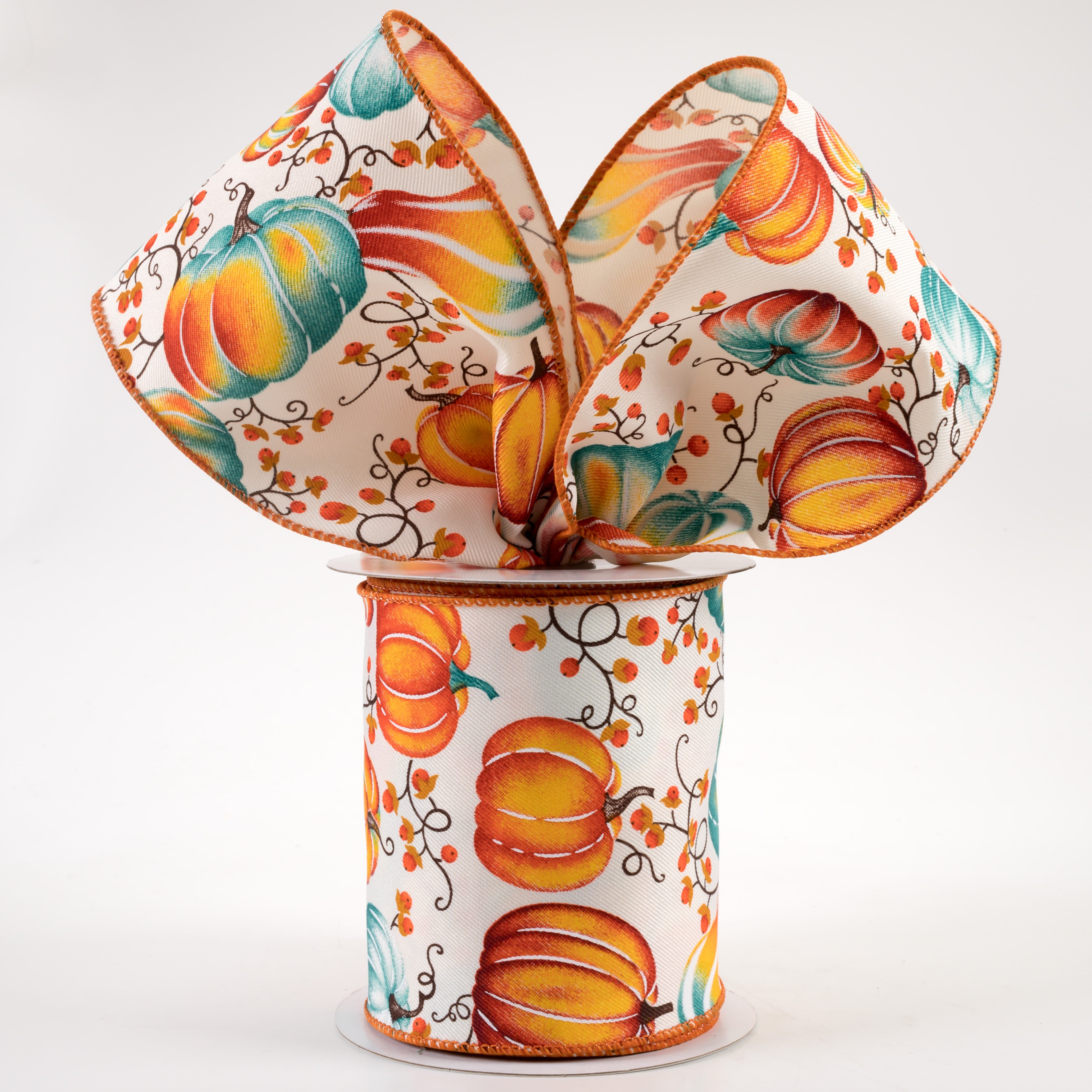 4" Pumpkins Bittersweet Ribbon: Ivory, Orange, Teal (10 Yards) Lifestyle Photo