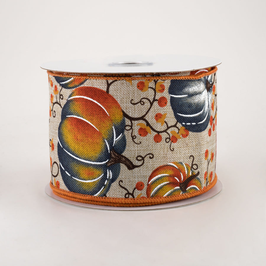 2.5" Pumpkins Bittersweet Ribbon: Light Natural, Orange, Smoke Blue (10 Yards)