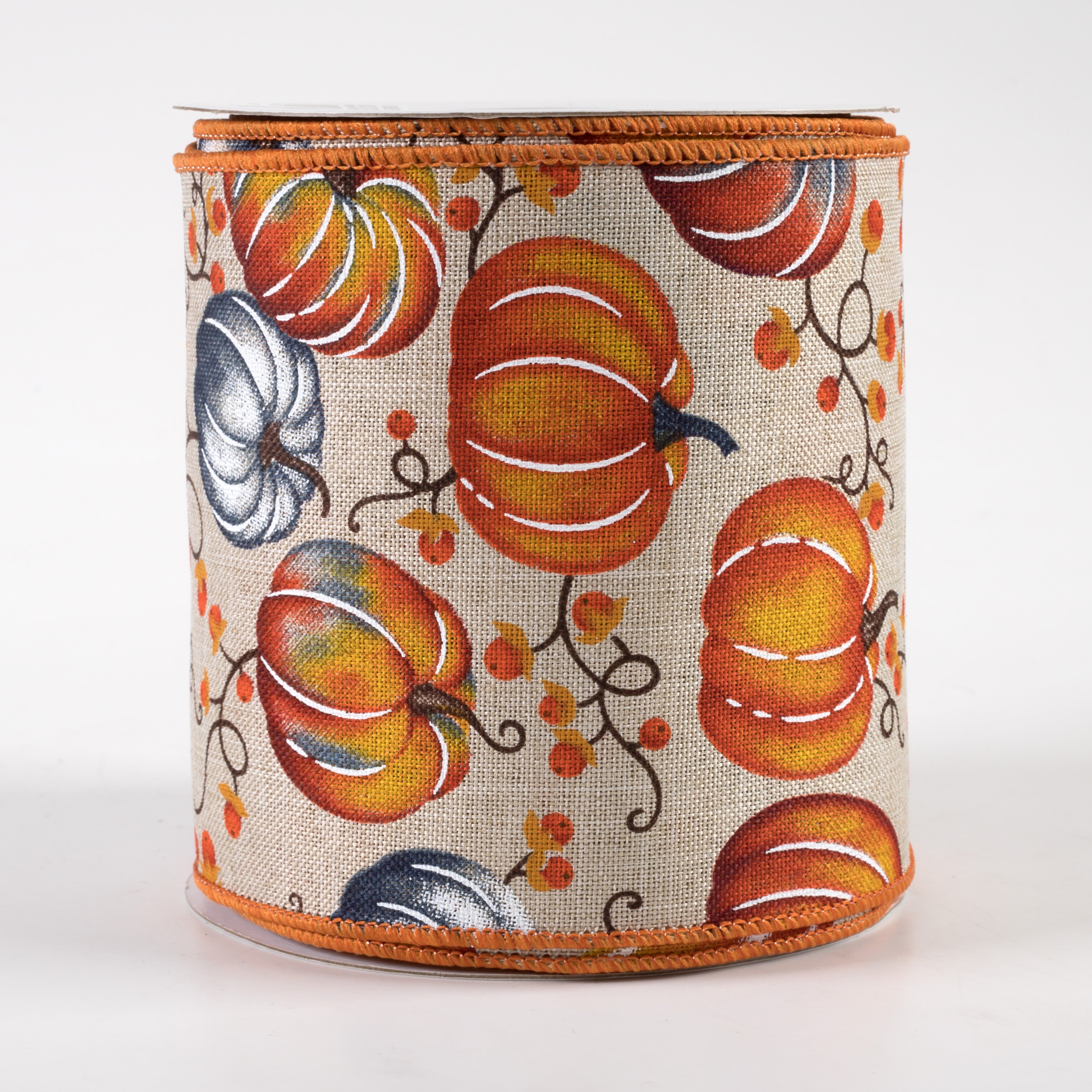 4" Pumpkins Bittersweet Ribbon: Light Natural, Orange, Smoke Blue (10 Yards)